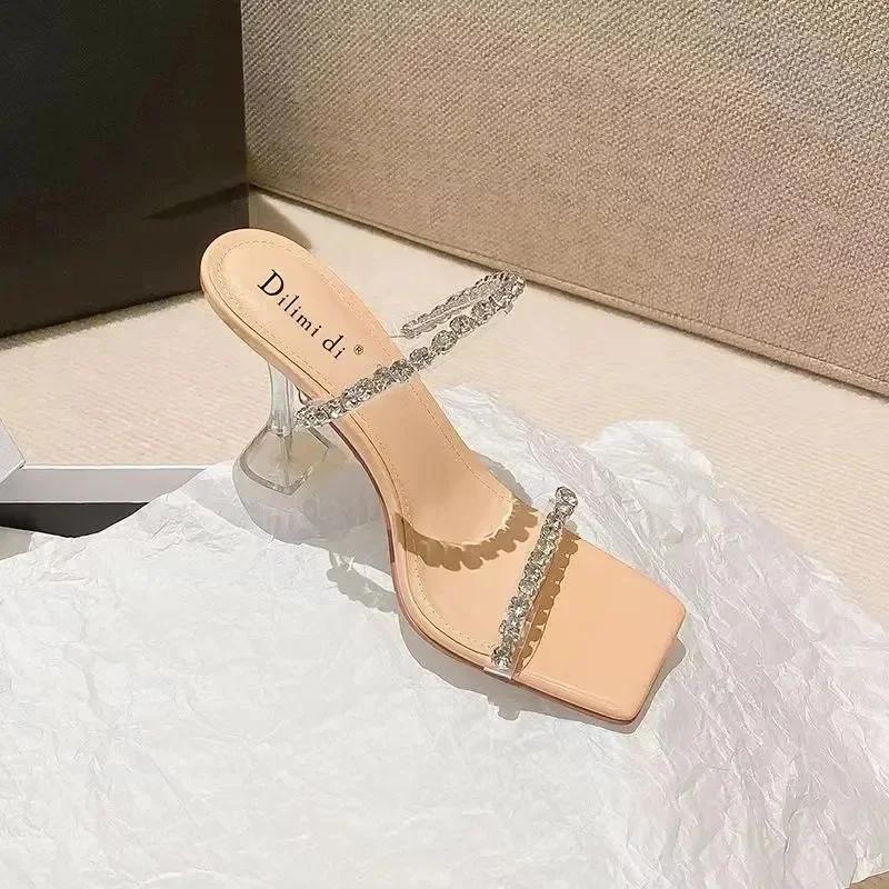 2025New Summer Sexy Fashion Open Toe Women's Sandals Water Diamond Shining Square Headed Banquet  High Heels Large Design