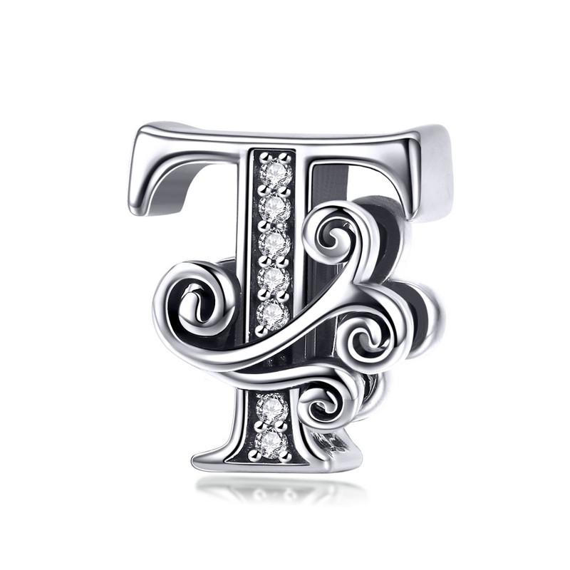 BAMOER Classic 925 Silver Letter Vintage A to Z 26 Letter Charms Openwork CZ Alphabet Beads Fit Charm Bracelet BSC030