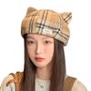 Classic Plaid Wool Beret with Cute Cat Ears - Artistic Painter Style for Autumn/Winter