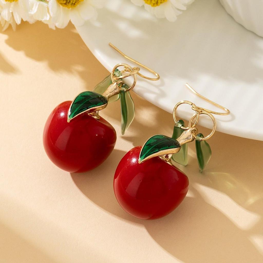 Japanese & Korean Cherry Earrings: Internet Trend, Exquisite Green Leaf Design, Cute Cartoon Resin Style for Students