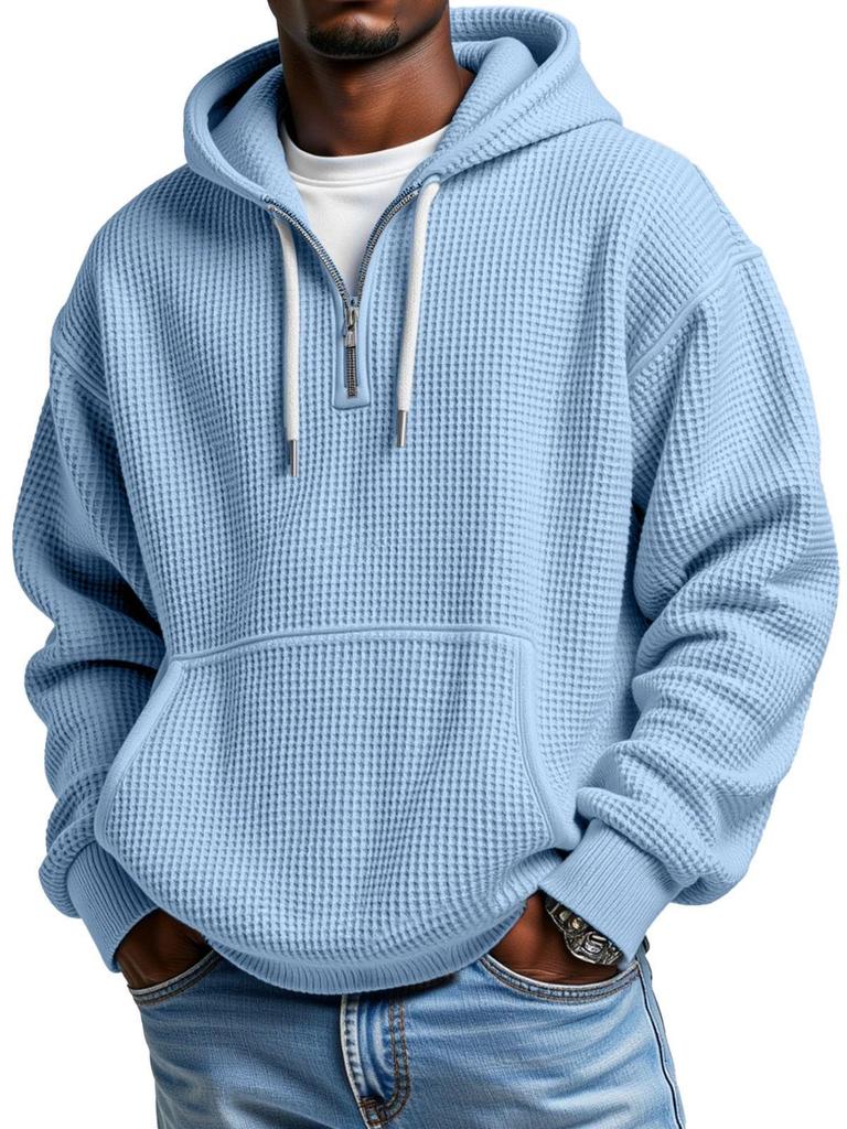 Men's Vintage Waffle Weave Half-Zip Hooded Sweatshirt for Autumn/Winter