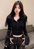 Women's Long Sleeve Polo Collar Cropped Blouse Flare Cuff Button Solid Slim Fit Pure Desire Casual Top