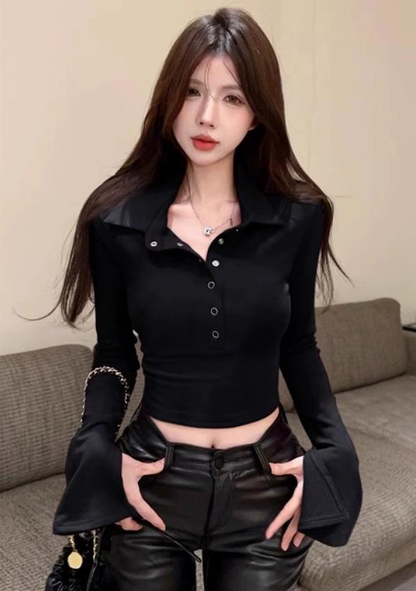 Women's Long Sleeve Polo Collar Cropped Blouse Flare Cuff Button Solid Slim Fit Pure Desire Casual Top