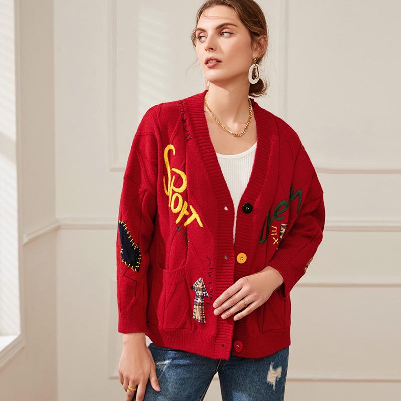 

Women s Embroidered Knit Cardigan - 2023 Autumn/Winter Loose Lazy Style Sweater One Size красный