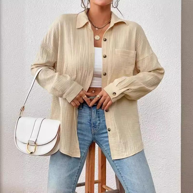 Camicie da Donna in Garza di Cotone Mussola Top Casual con Collo a Revers Manica Lunga Bluse Eleganti da Ufficio per Donne Blusas