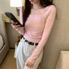 French Square Collar Design Long-sleeved T-shirt for Women Autumn and Winter New Bottoming Shirt Solid Color Tight Waist with Short Top