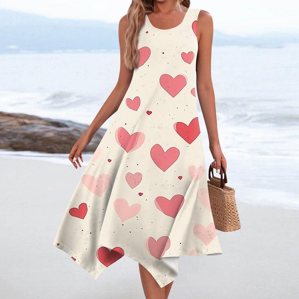 Lässiges, modisches Damen-Midikleid mit Rundhalsausschnitt, ärmellosem Aufdruck und unregelmäßigem Saum