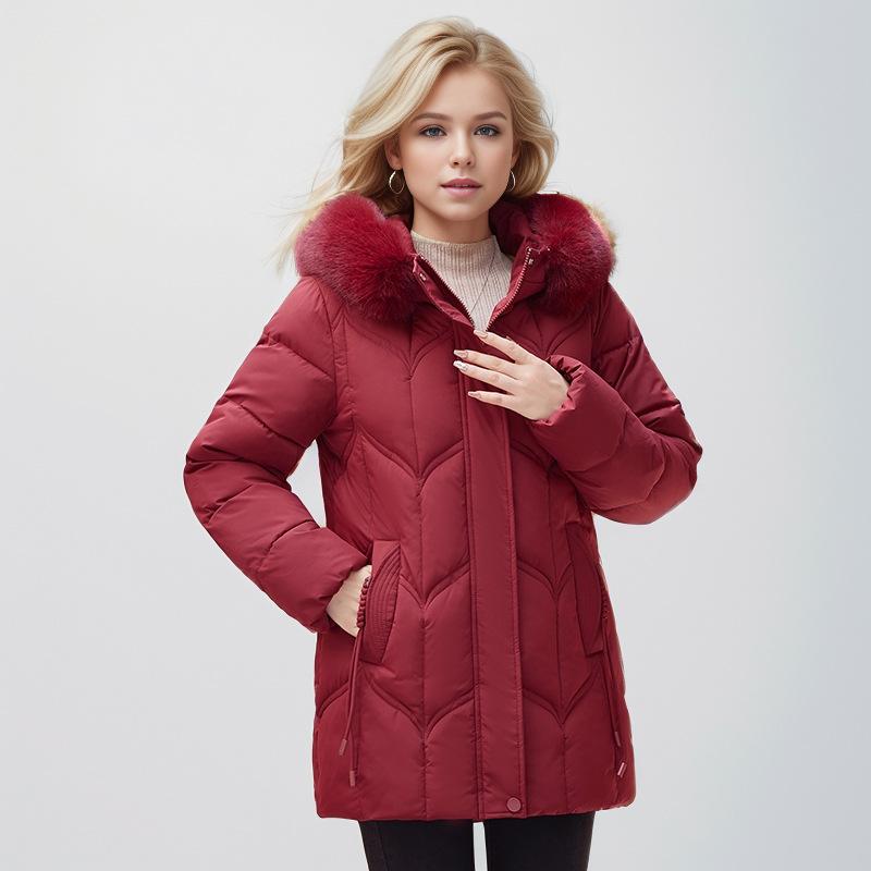 Cotton-padded Clothes, Women's Medium and Long Middle-aged and Elderly Mothers' Winter Clothes, Solid Color, Big Fur Collar, Hooded Inside