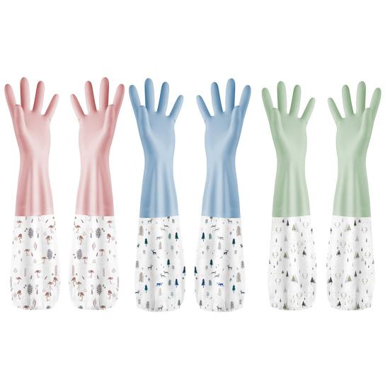 1 Pair Dishwashing Gloves Waterproof Reusable Gloves Patchwork Color Elastic Long