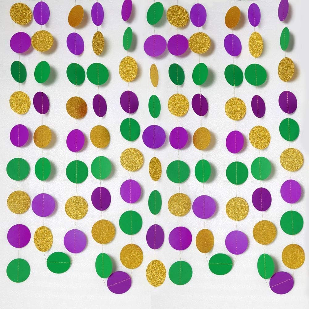 Decor365 Gold Purple Green Mardi Gras Decorations Glitter Dot Mardi Gras Garland Decor Circle Streamers Fat Tuesday Banner Carnival Themed Backdrop