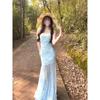 Lace mesh splicing suspender dress women's summer vacation waist fishtail long dress slim hip skirt