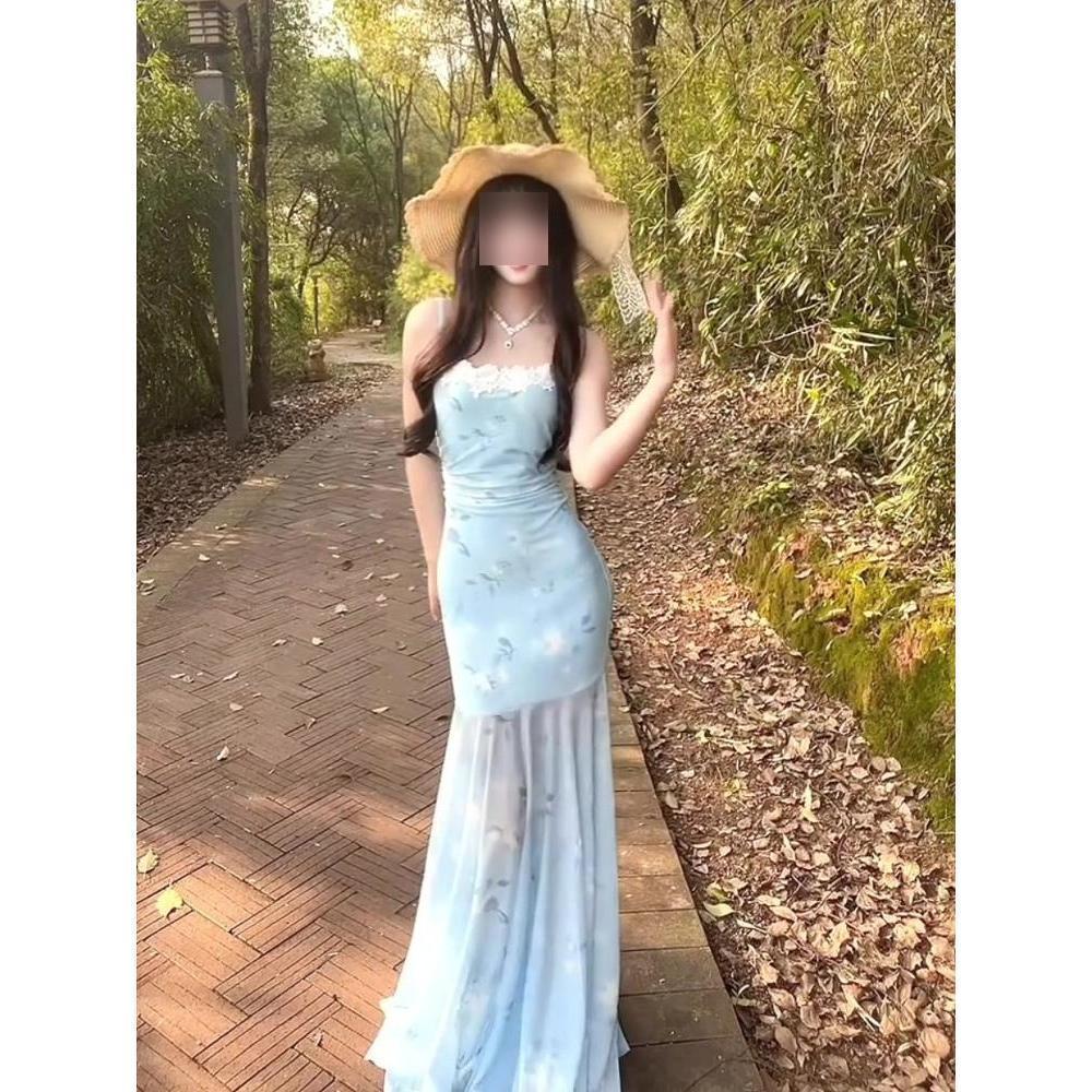 Lace mesh splicing suspender dress women's summer vacation waist fishtail long dress slim hip skirt