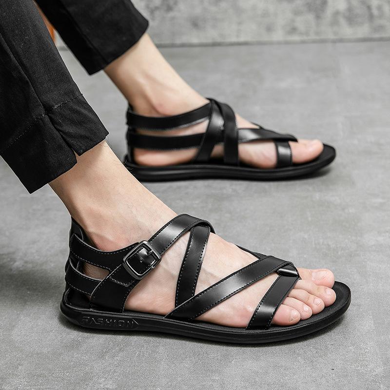 2025 Summer Classic Black/White Men Rome Genuine Leather Roman Sandals Gladiator Breathable Sandals Romanas Hombre Flat Sandles