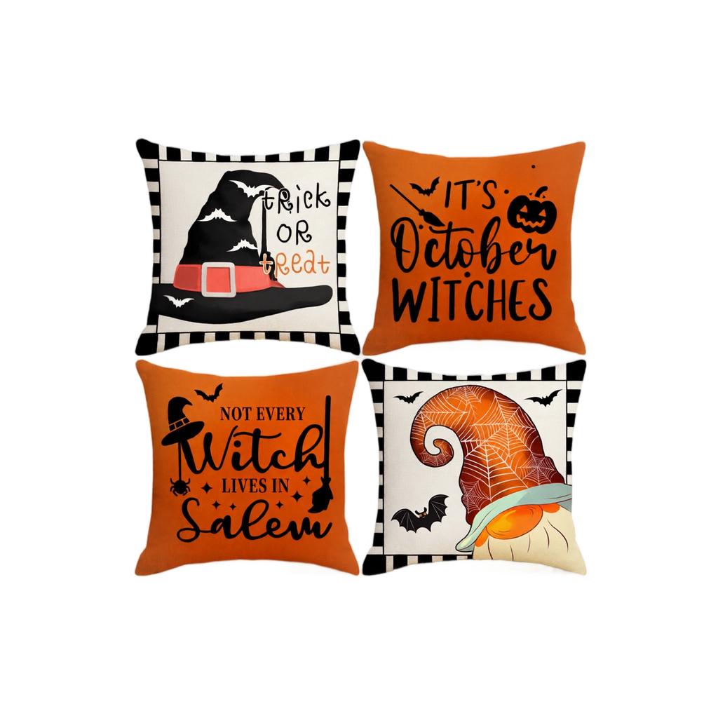 4PCS Halloween Pillow Covers Set Decorative Sofa Cushion Covers Skull Bat Skeleton Print Square Pillowcases 45x45cm Without Insert