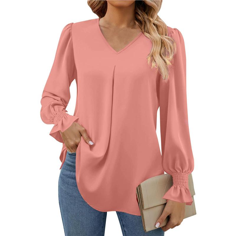 

Women s Solid Color Chiffon Shirt V-Neck Pullover Flared Long Sleeved Top Shirt Office Lady Elegant Khaki Loose Blouses L рожевий