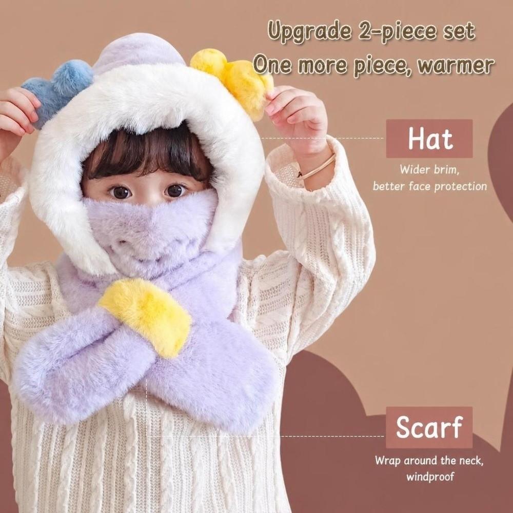 2-In-1 Hat Scarf Set Thick Fluffy Windproof Warm Integrated Hat And Scarf Cartoon Ear Hooded Scarf For Kids For Boys Girls