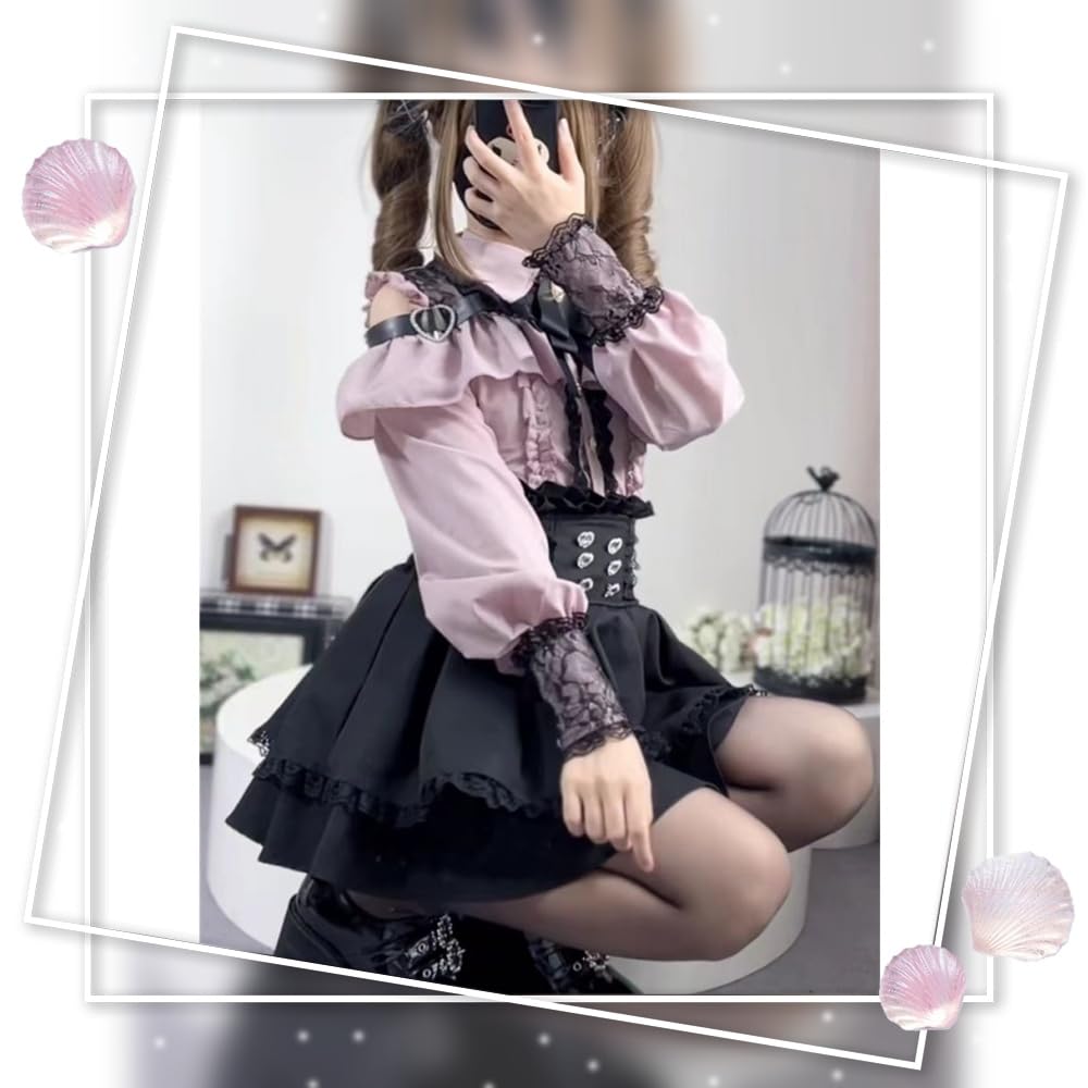 Long Sleeve Shirt Set with Ruffle and Mori Girl Top with Detachable Lolita Harajuku Clothing for and Winter Gray [Yhsuoxfd] Women's Set, 2-Piece