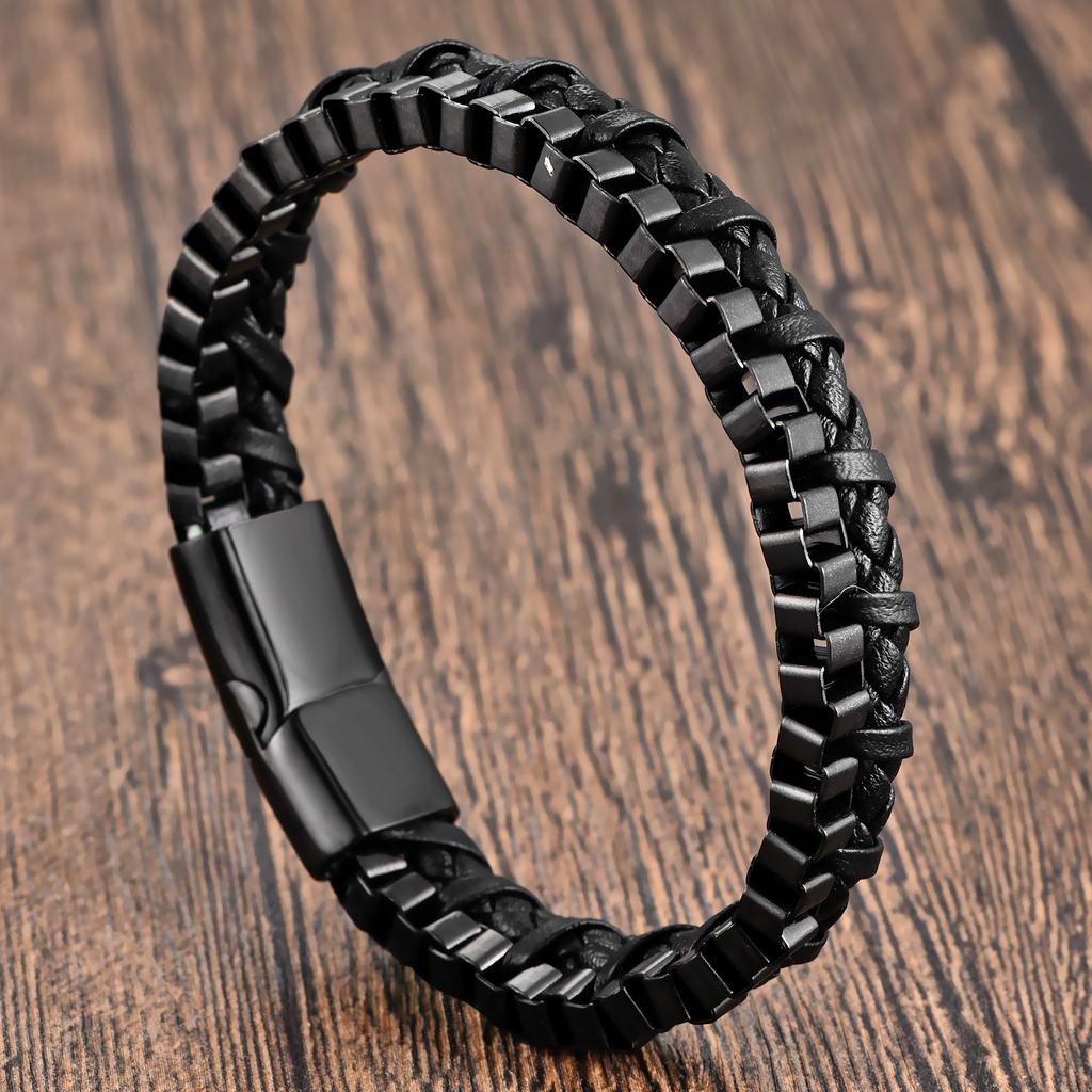 Black Leather Rope Cowhide Men's Double Chain Braided Bracelet Handmade Multilayer Leather Bracelet 2026