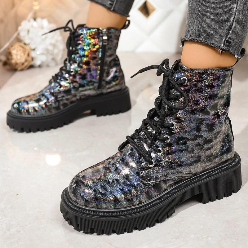 Nouvelles Bottes d'Automne et d'Hiver pour Femmes Décontractées avec Rehausseur de Hauteur Intérieur Bottes à Paillettes Grande Taille à Lacets Avant Confortables Bottes pour Femmes