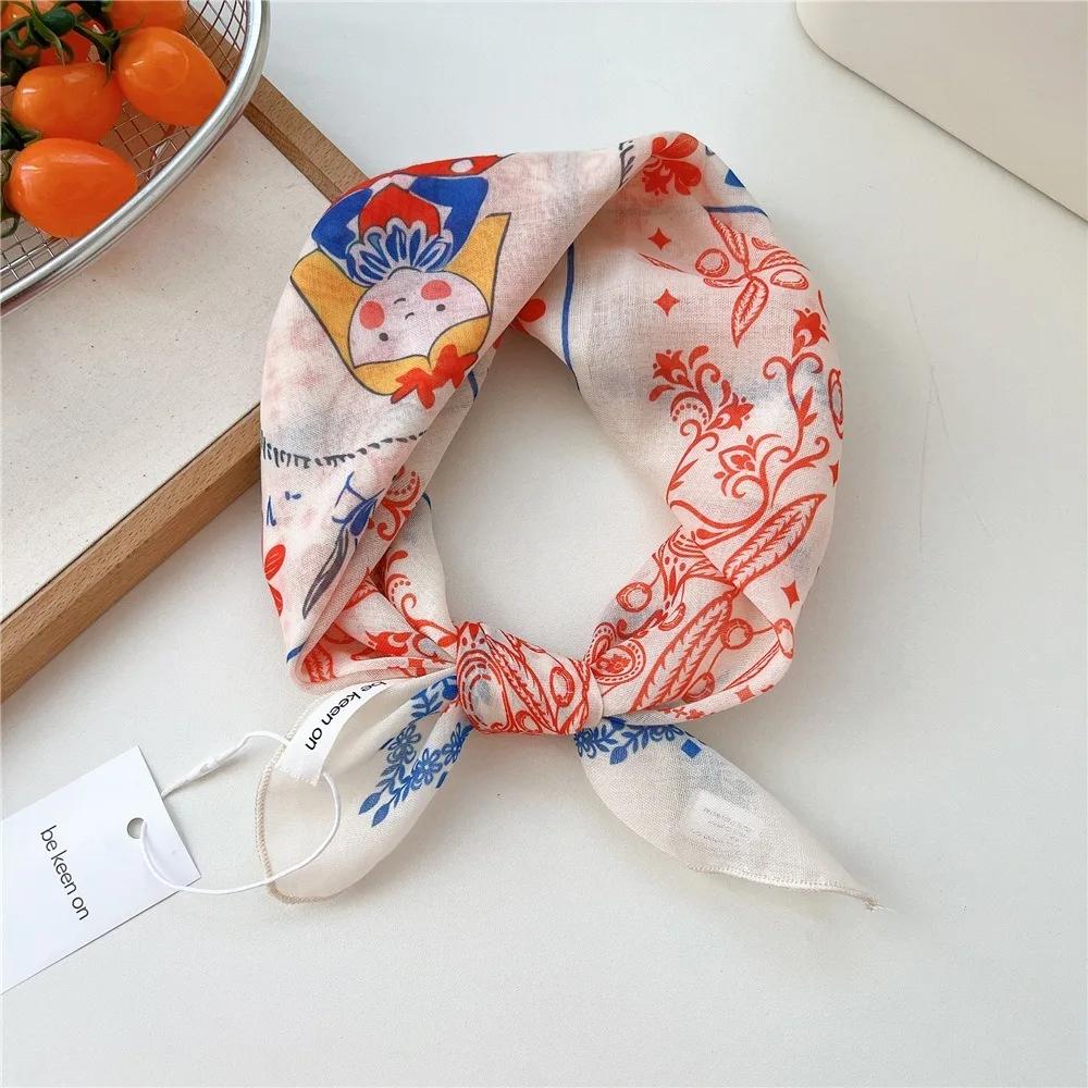 Fashion Floral Print Square Scarf Soft Handkerchief Women Hair Scarf Cotton Linen Head Scarfs Ladies Neck Scarves Summer Autumn
