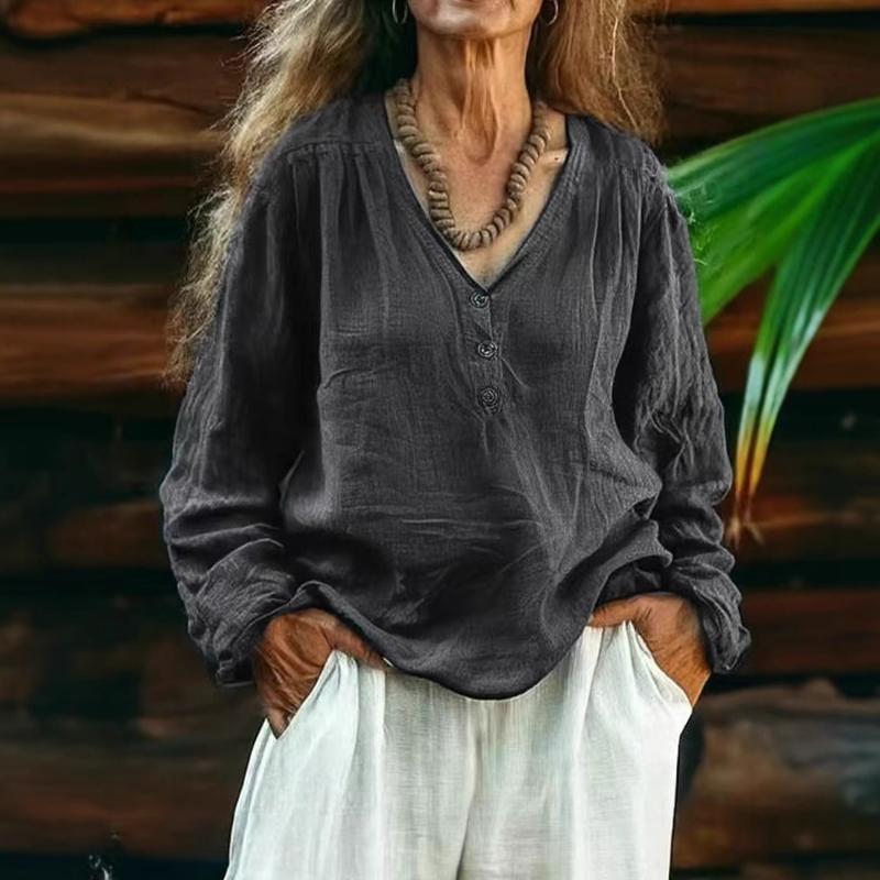 

2025 New Women s Casual Long-sleeved V-neck Door Tube Regular Solid Color Multi-color Tops T-shirt S серый