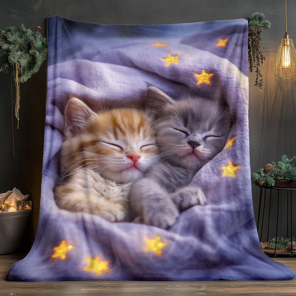 Couverture personnalisée pour chatons endormis Motif mignon de chats et d'étoiles Nom personnalisé Polaire Jeté Toutes saisons Doux Chaud Literie Décoration de maison