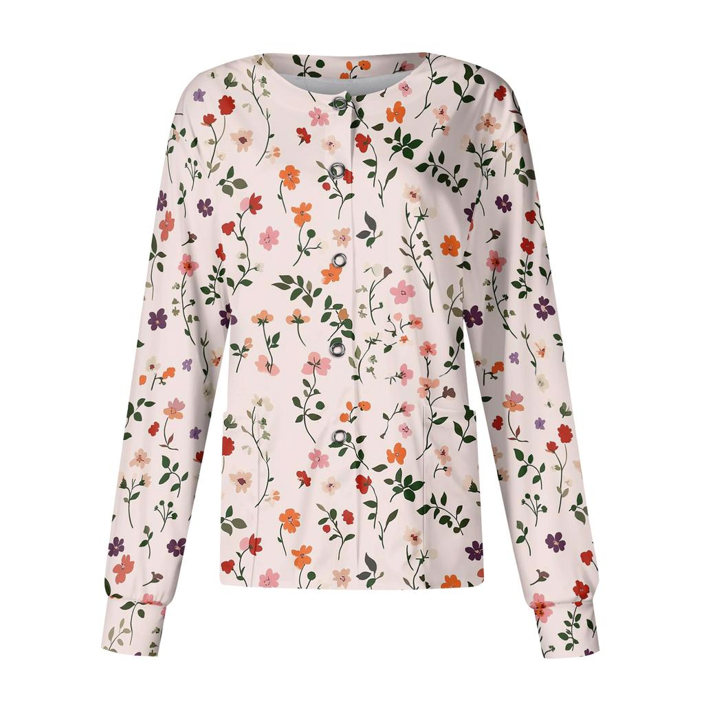 Women's Casual Long Sleeve Single Breasted Floral Print Medical Scrub Cardigan Top Comfortable Fit Lightweight Fabric Suitable for Work
