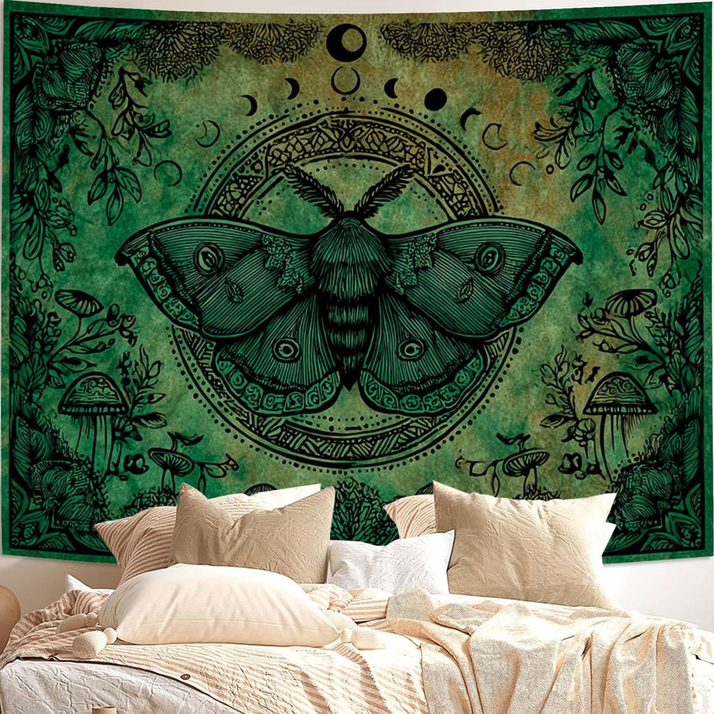 Luna Moth Tapestry, Witchy Print with Moon Phases, Mushrooms & Botanical Details, Green Wall Hanging for Bedroom, Occult Decor