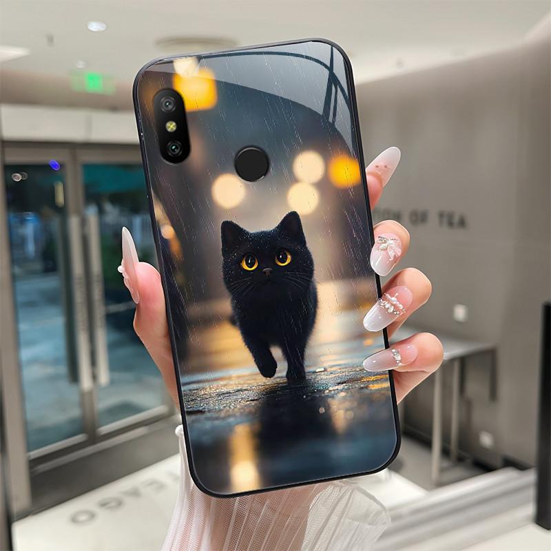 Beautiful Flower Cute Cartoon Cats Case For Xiaomi Mi A2 / Mi A2 Lite Tempered Glass Phone Case Protective Back Cover Hard Shell