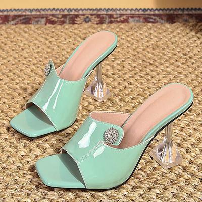 Fashion Liyke Fashion Crystal Buckle Green Women's Shoes Slippers Cozy Patent Leather Wide Band Strange Transparent Heels Slides Sandals