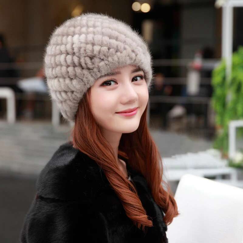 Mink Fur Hats For Women Fashion Ear Protection And Warm Natural Fur Knitted Hat Fluffy Fur Caps Ladies Black Fur Caps Winter Cap