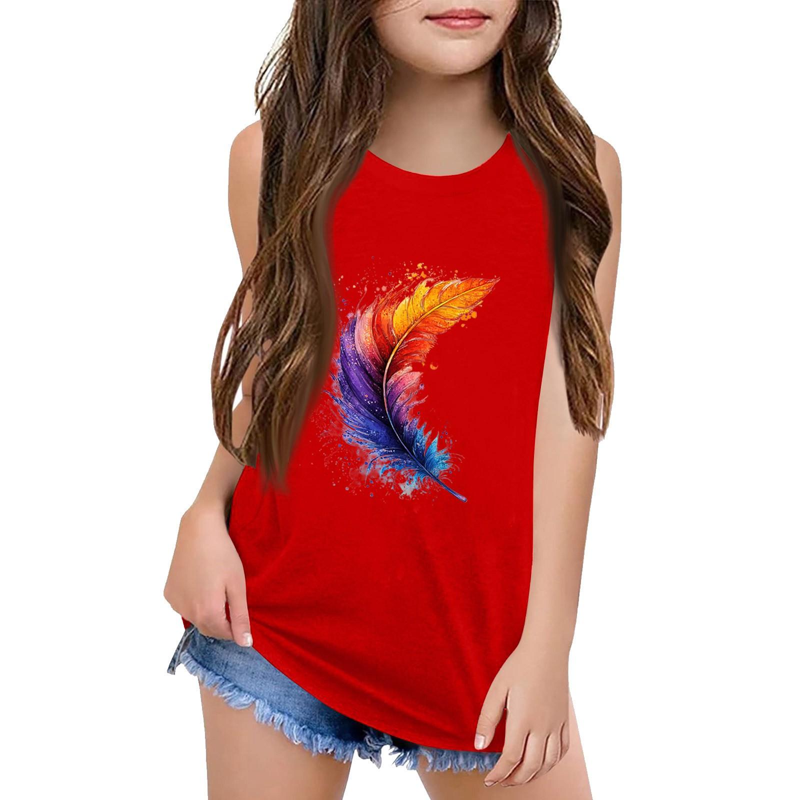 Girls Sleeveless Summer Tank Top with Colorful Print Lightweight, Casual Shirt for Kids 110 киноварь