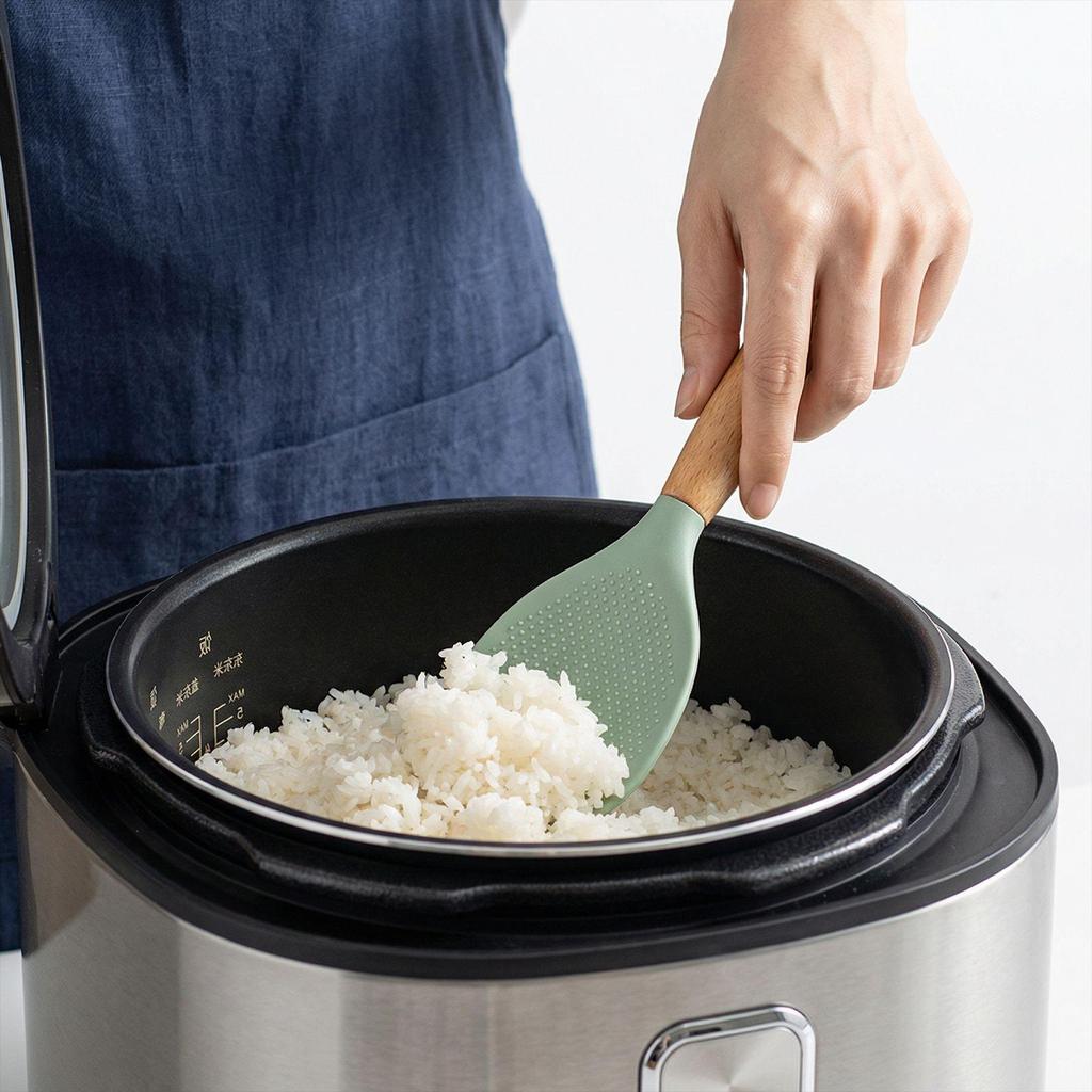Non-stick Silicone Rice Spoon with Anti-slip, Heat-resistant Wooden Handle