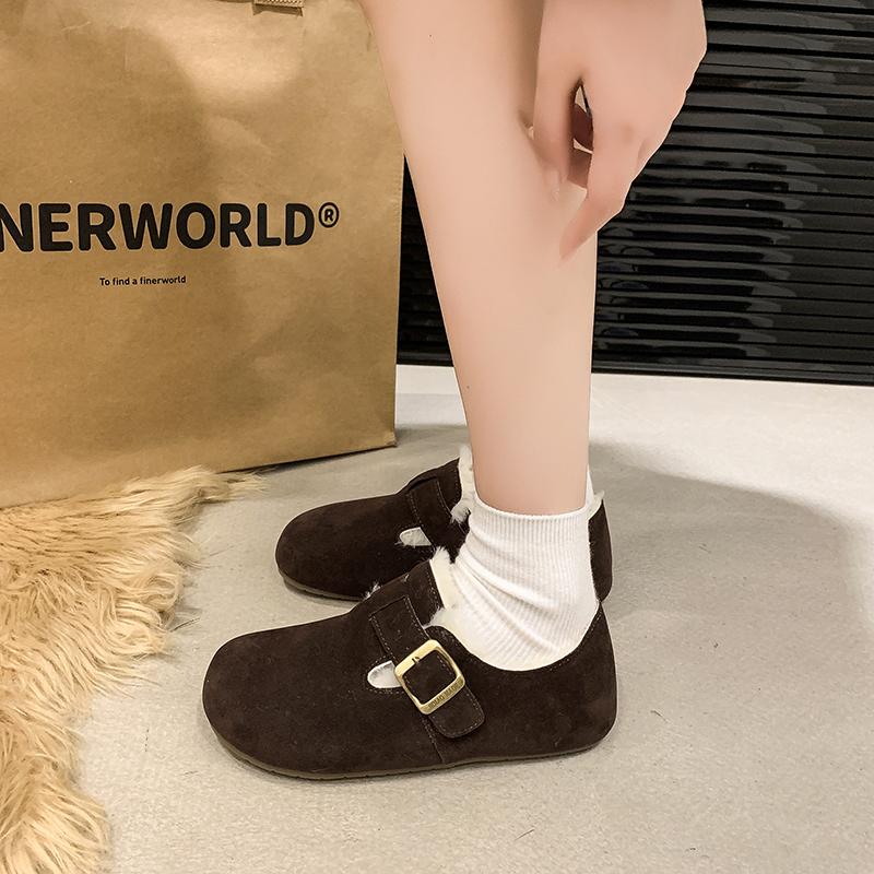 Fashion 2025 New Women Fashionable high-quality versatile Fur Flats Short Women Fashion Buckle Soft Sole Cotton Shoes Sued Warm Shoes