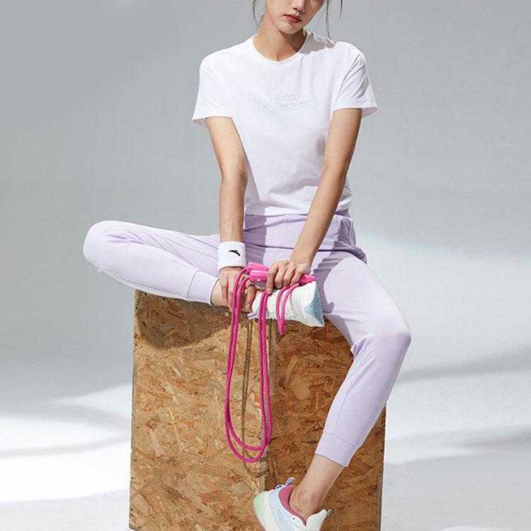 Anta Solid Color Round Neck Short Sleeve T-Shirt With Letter Print Women Tops Snow-White 162127134-1