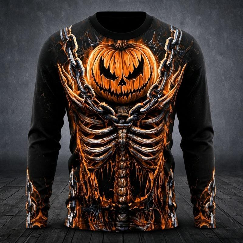 Men's Halloween Long Sleeve T‑Shirt All‑Over Print Pumpkin Skeleton Chain Bat Witch Cat Graphic Crew Neck Casual Party Tops
