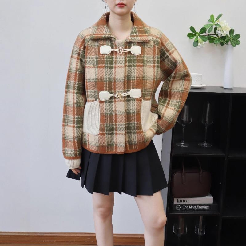 Removable Double-layer Neck Plaid Sweater Jacket Women's Autumn and Winter New High-end Knitted Double-sided Woolen Cardigan