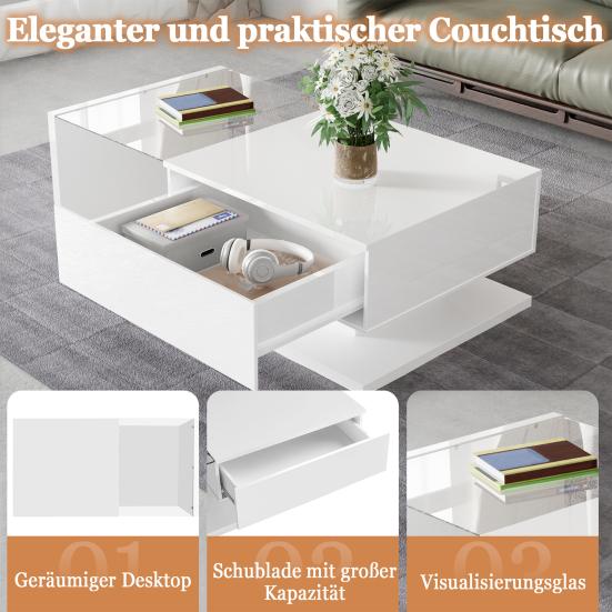 Couchtisch Hochglanz Glas Mitteltisch mit Schublade Öffnungsregal Einfache Montage Rechteckform LED Teetisch Zuhause