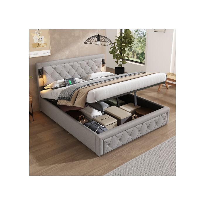 Lit capitonné - MUVOE - 160x200 cm - avec downlights - port USB - tête de lit en lin gris