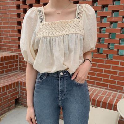 2023 Summer French Chic Lace Babydoll Top - Women's Sweet Square Neck with Hollow Design