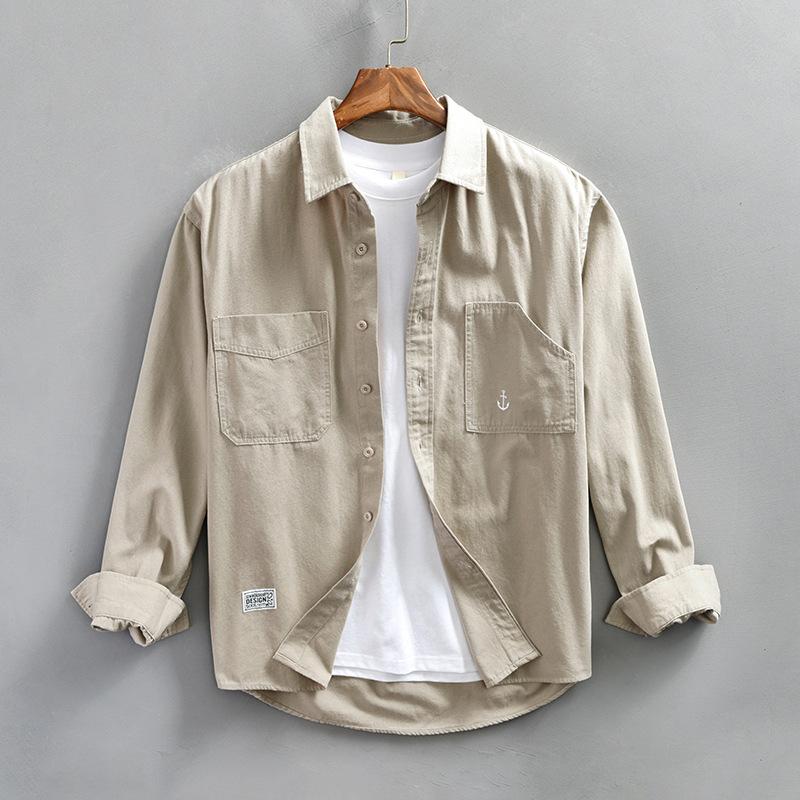 Japanese Style Cargo Long Sleeve Shirt Men Pure Cotton Casual Tops Double Pocket Workwear Spring and Summer Loose Shirts Male
