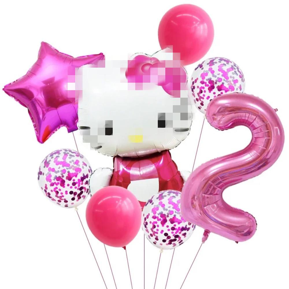 Cartoon Cat Pink Purple Rose Red Digital Bow Aluminum Film Balloon Baby Birthday Background Decoration Party