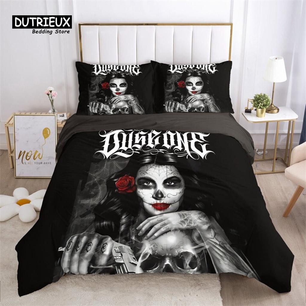Sugar Skull Duvet Cover Gothic Skull Skeleton Bedding Set Horror Theme Comforter Cover Full King For Teens Adults Bedroom Decor