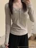 Women's Slim Fit Striped Button U-Neck Long Sleeve T-Shirt - American Retro Early Autumn 2025