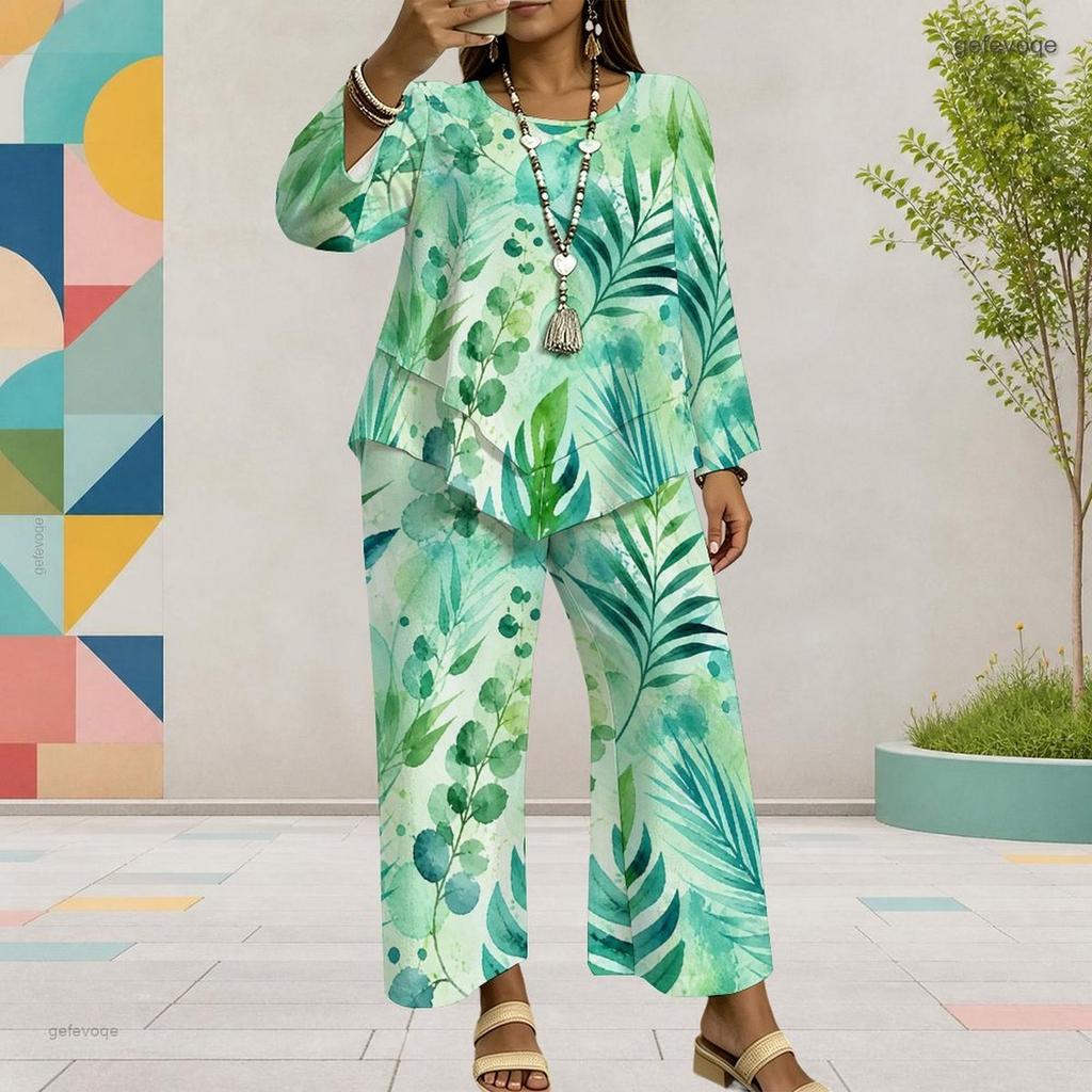 Women Plus Size Two Piece Set Round Neck Long Sleeve Printed Layered Top Green Blue Wide Leg Cropped Pants