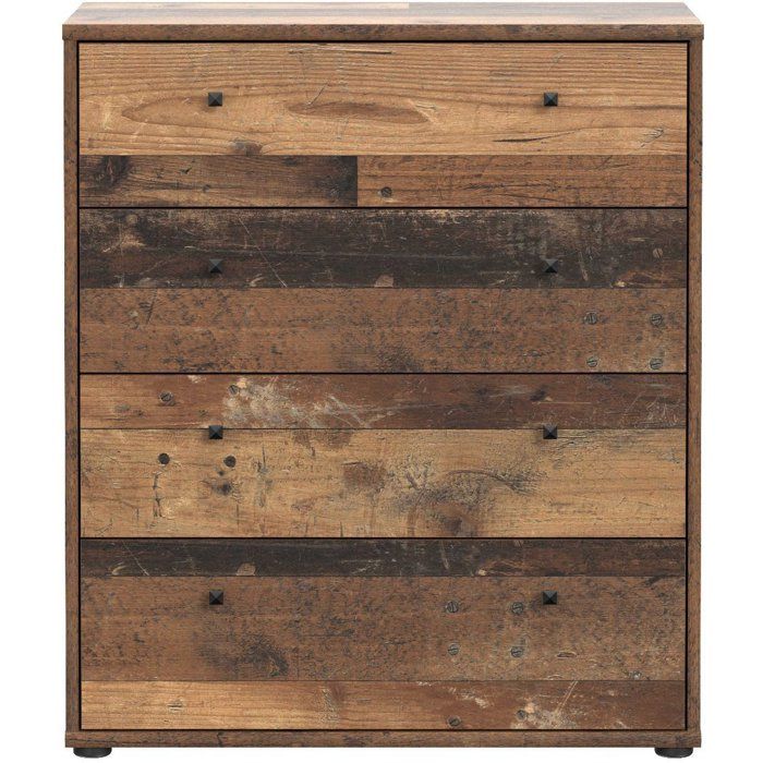 Commode TEMPRA 4 Tiroirs - Décor vieux bois – L 73,7 × P 34,8 × H 85,5 cm