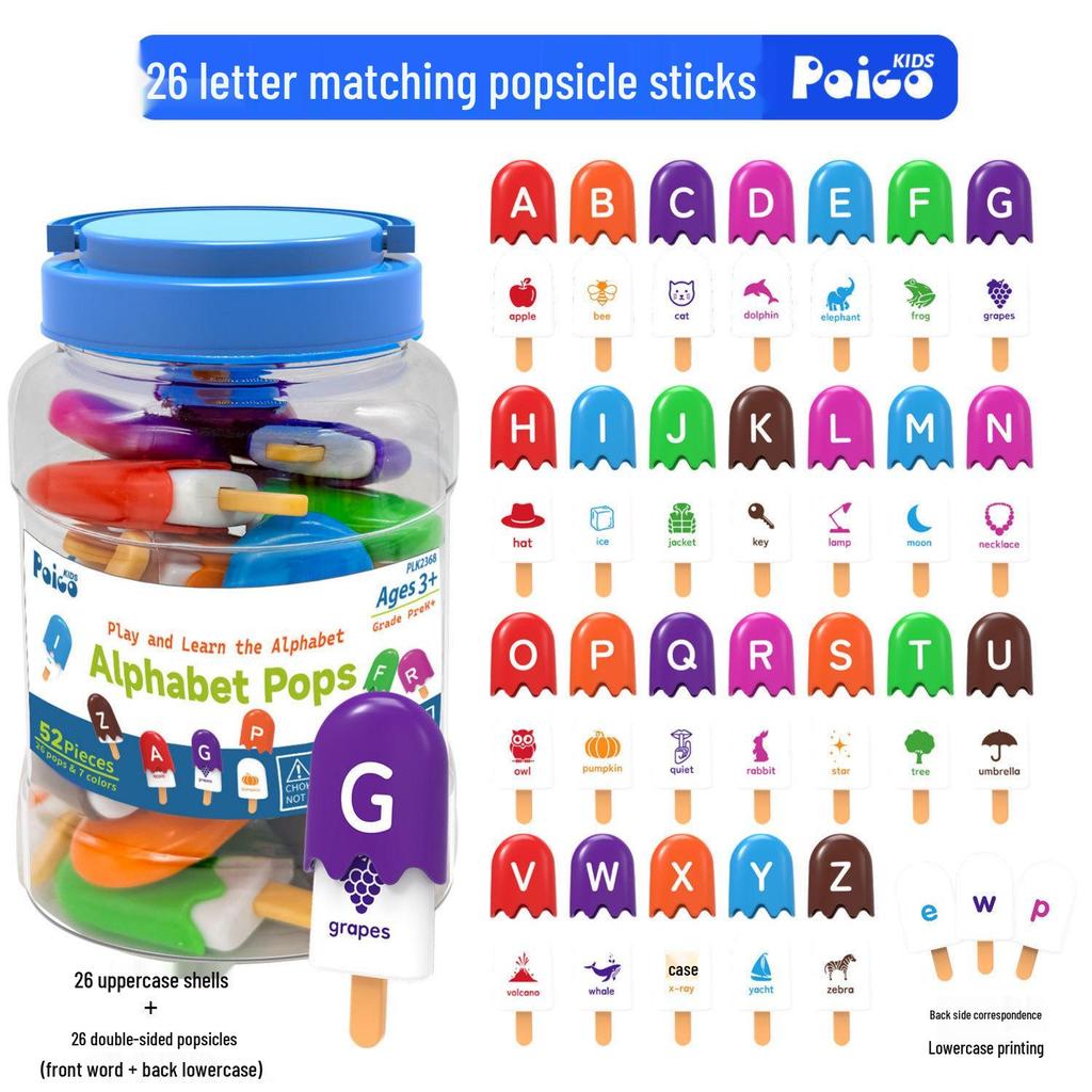 Bai Guo Early Learning Ice Cream Popsicle Set - 26 Letter & Number Matching Montessori Aids for Kindergarten