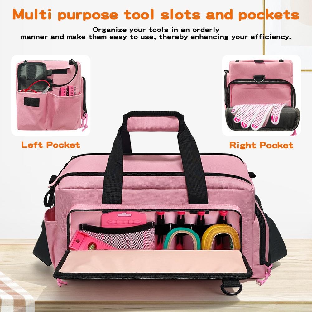 Pink Tool Bag 40 Cm Length Polyester Material with Multiple Compartments for Electric Drill Wrenches Screwdrivers Pliers