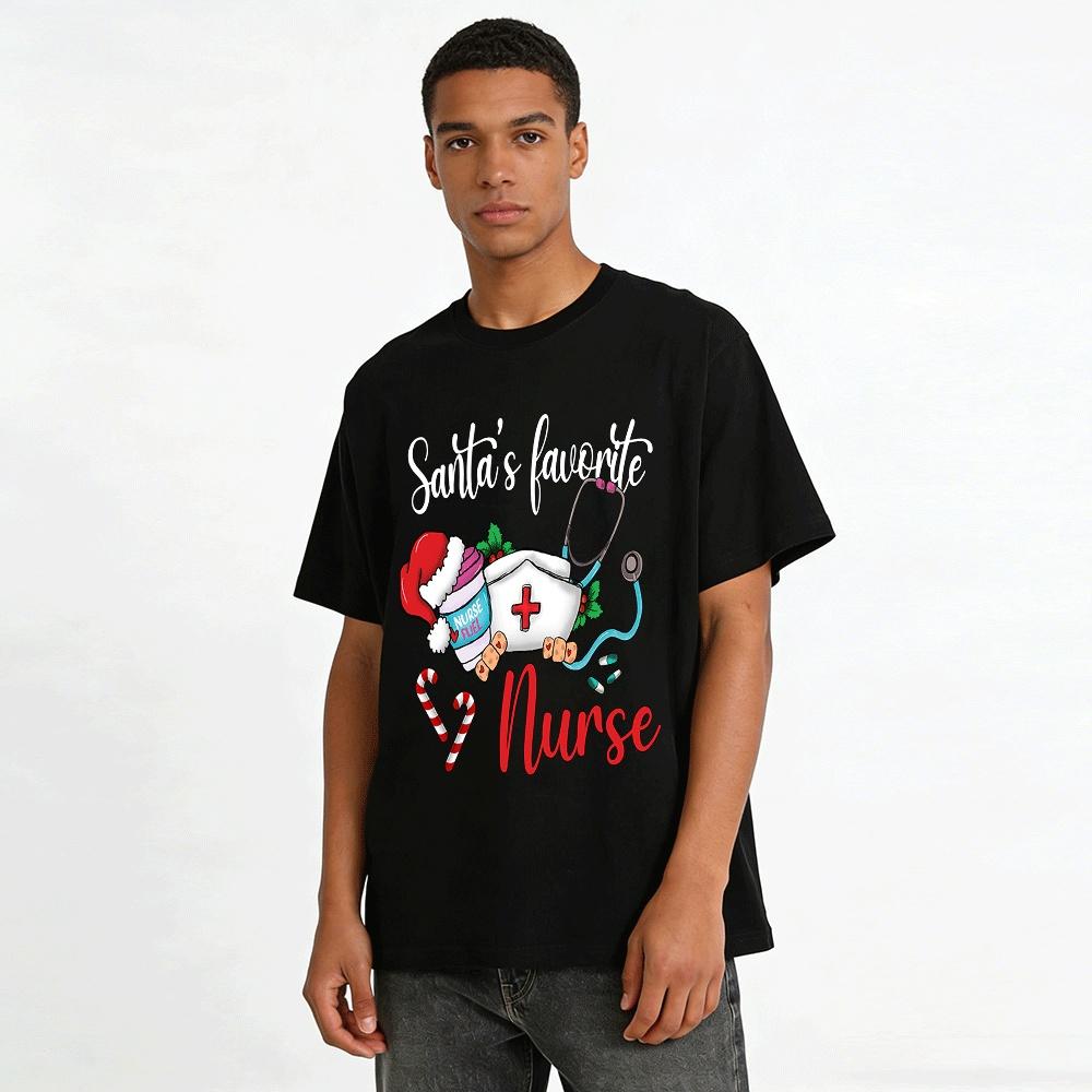 Santa's Favorite Nurse Christmas Themed Printed Casual Top Pure Cotton T-shirt