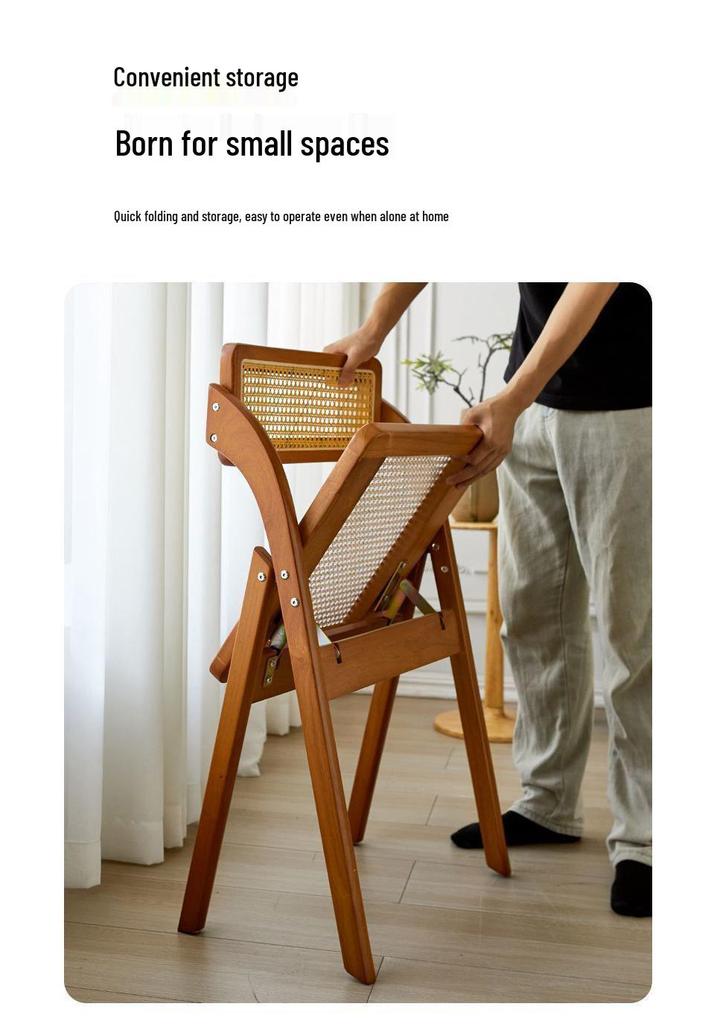 Wicker Folding Chair with Backrest - Solid Wood Casual Dining or Living Room Stool